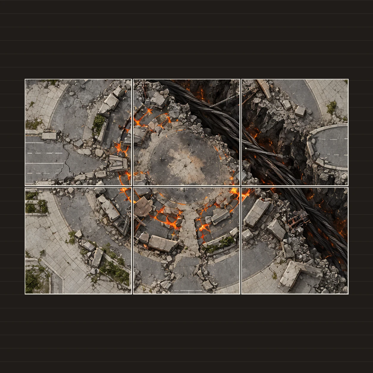 Illustration d’une battlemap disposée sur six feuilles imprimées sur une table