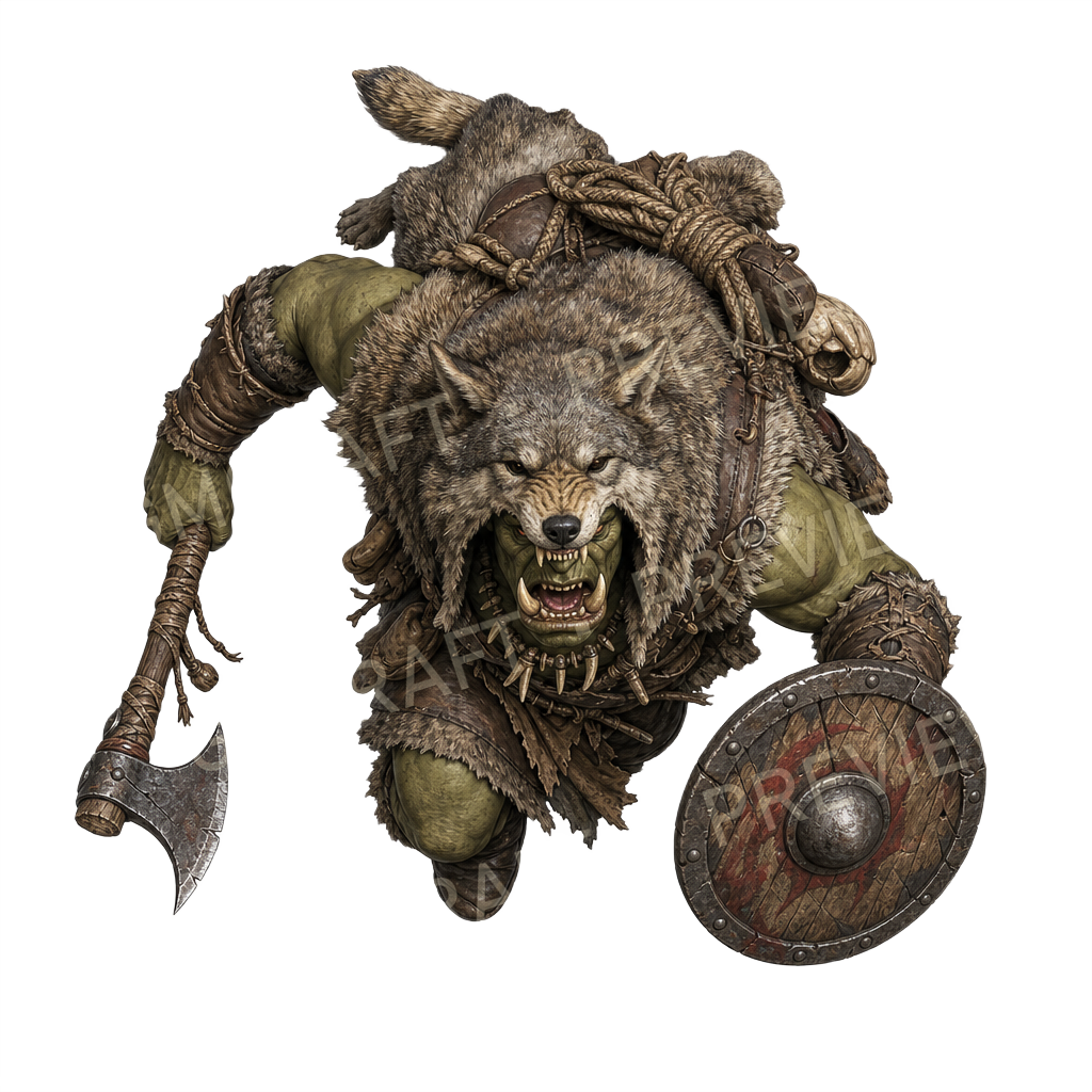 Orc Wolf Pelt Road Raider Axe top-down token preview