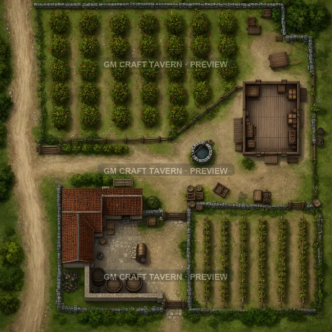 Roadside Apple Orchard With Packing Shed And Stone Well battlemap preview