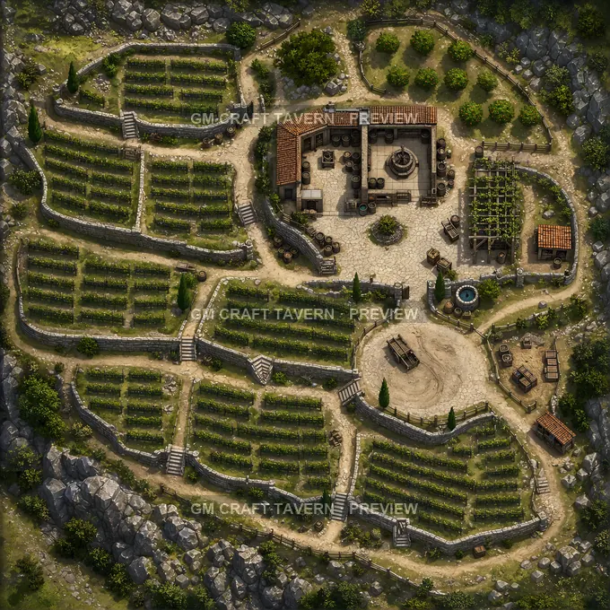 Hillside Vineyard With Terraces And Press House Court battlemap preview