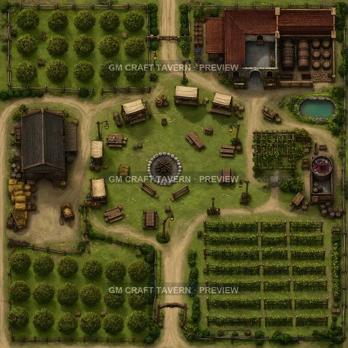 Harvest Festival Orchard Green With Cider Stalls And Bonfire Ring battlemap preview