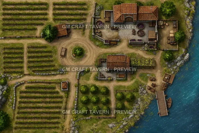 Riverbank Vine Rows With Small Dock And Grape Baskets battlemap preview