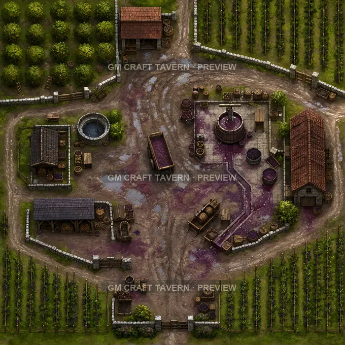 Muddy Harvest Yard With Wagons And Crushed Grape Runoff battlemap preview