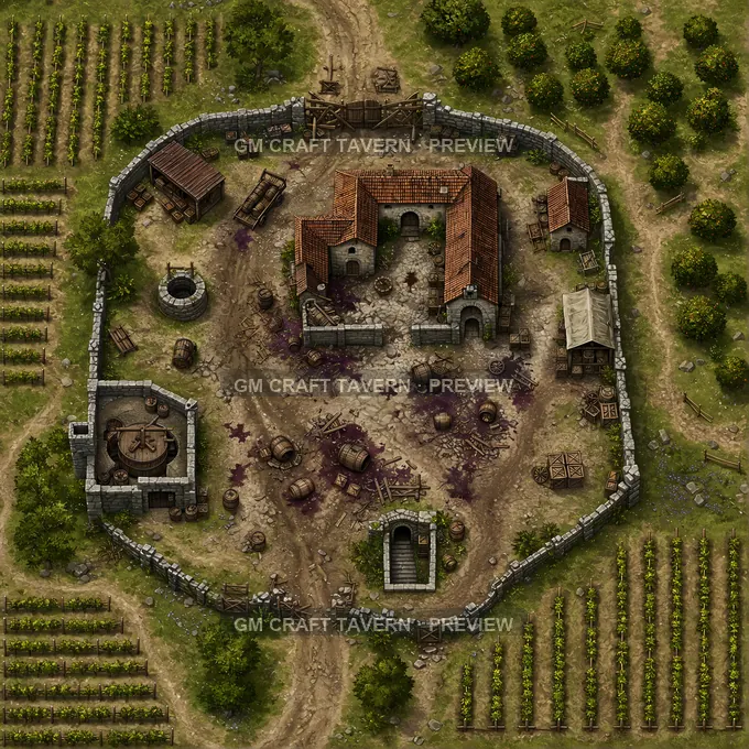 Bandit Raided Winery With Broken Casks And Barricaded Gate battlemap preview