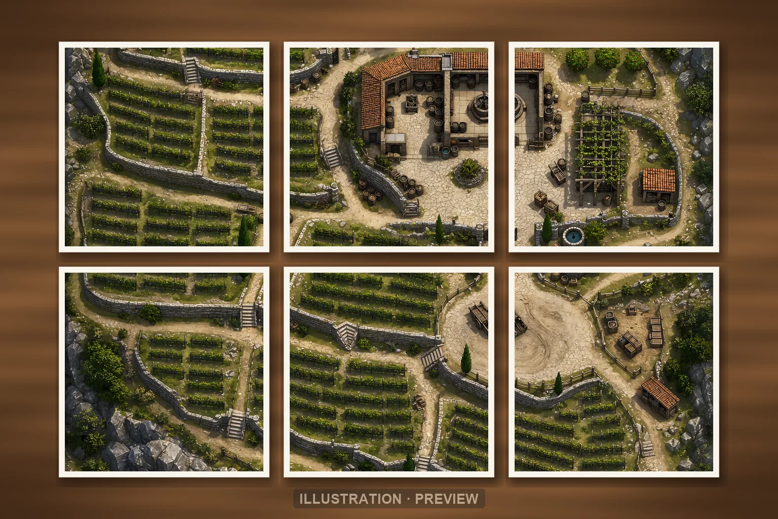 Illustration of a battlemap arranged on six printed sheets on a tabletop