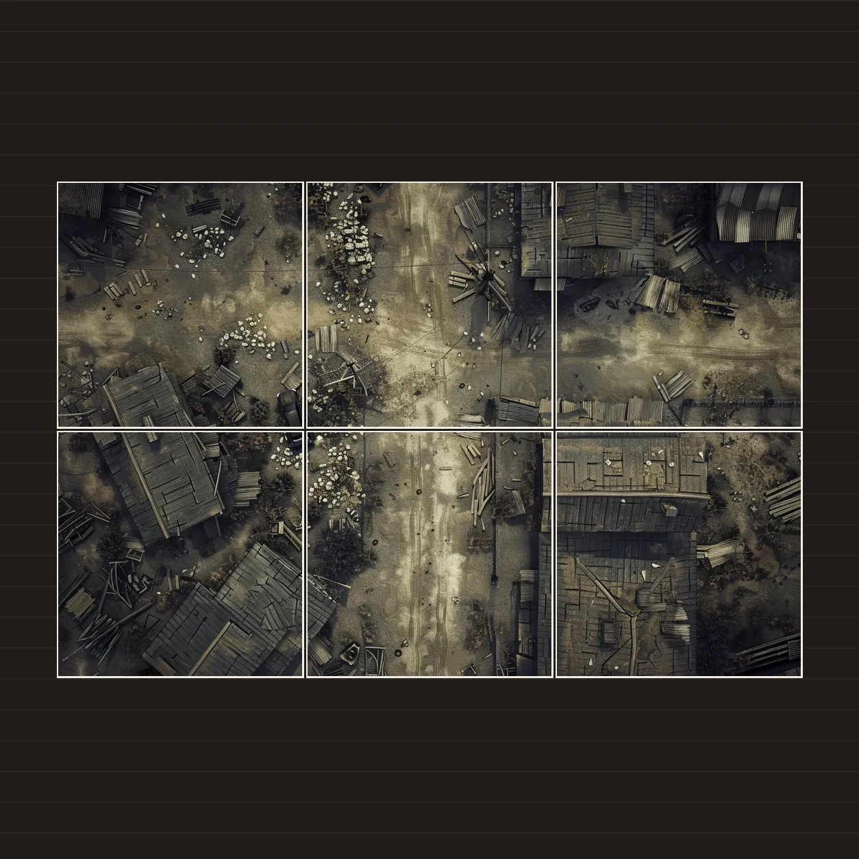 Illustration d’une battlemap disposée sur six feuilles imprimées sur une table