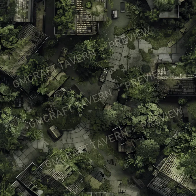 Overgrown Abandoned Neighborhood battlemap preview