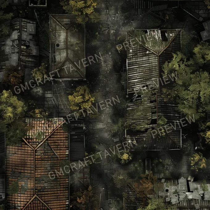 Overgrown Abandoned Neighborhood battlemap preview