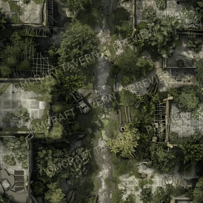 Overgrown Abandoned Neighborhood battlemap preview
