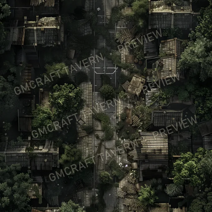 Overgrown Abandoned Neighborhood battlemap preview