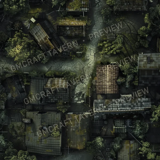 Overgrown Abandoned Neighborhood battlemap preview