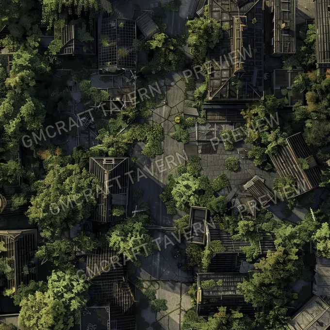Overgrown Abandoned Neighborhood battlemap preview