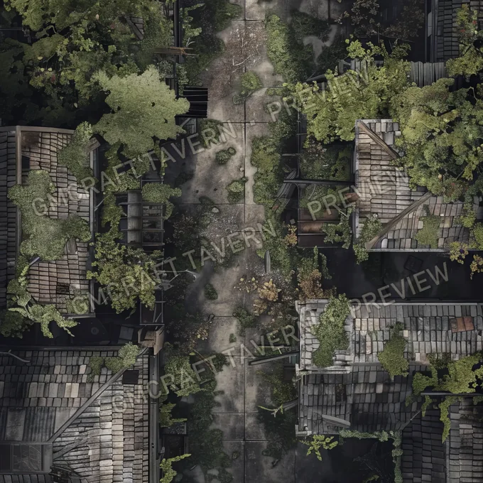 Overgrown Abandoned Neighborhood battlemap preview