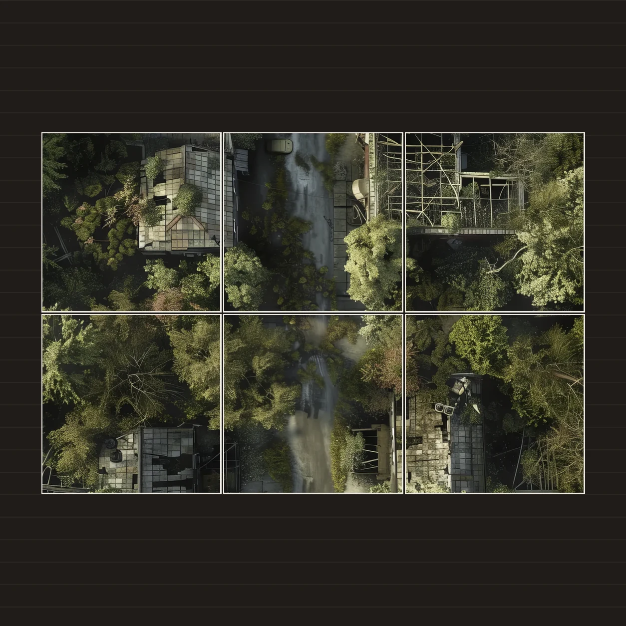 Illustration of a battlemap arranged on six printed sheets on a tabletop