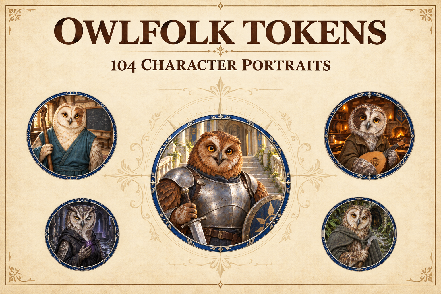 104 Tokens de personnages gens-hiboux — Portraits fantasy