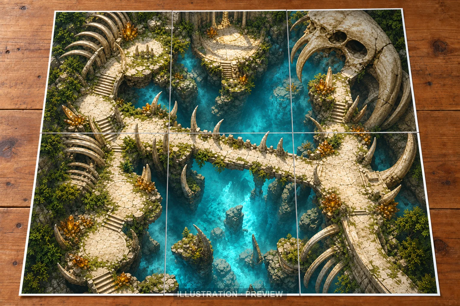 Illustration of a battlemap arranged on six printed sheets on a tabletop