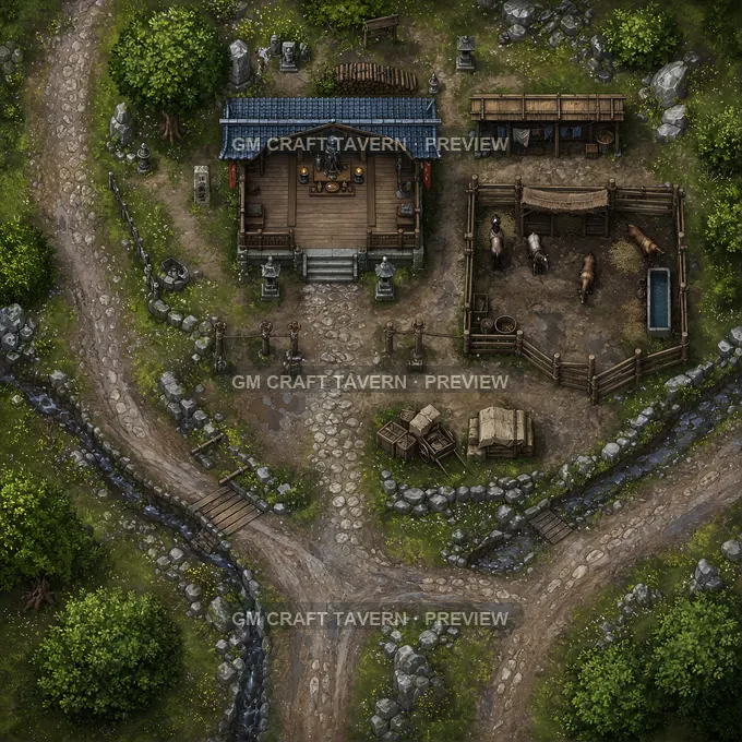 Rain Shelter Shrine With Pack Animal Corral battlemap preview