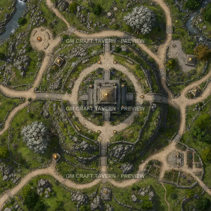 Hilltop Reliquary Shrine With Procession Circuit battlemap preview