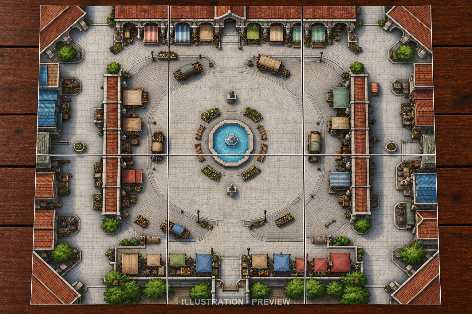Illustration of a battlemap arranged on six printed sheets on a tabletop
