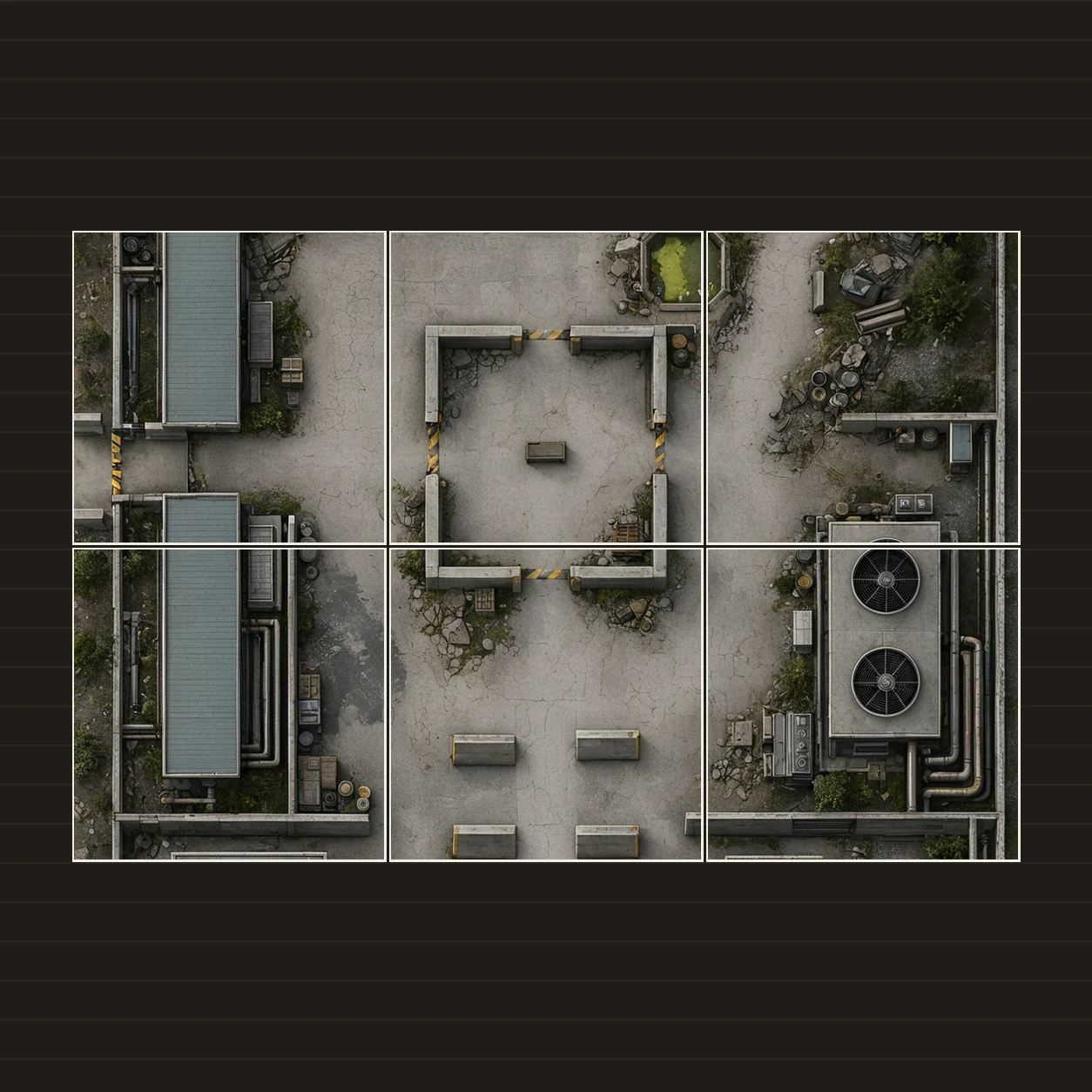 Illustration d’une battlemap disposée sur six feuilles imprimées sur une table