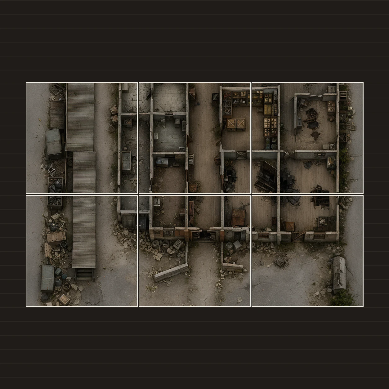 Illustration d’une battlemap disposée sur six feuilles imprimées sur une table