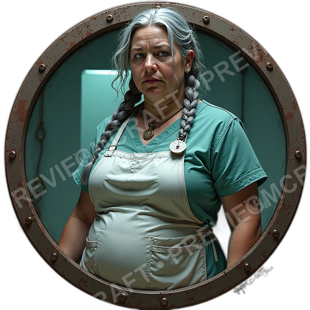 Clinic Ghost, Female, Luminous Suture Lines, Magnetized Scalpel Array, Encrypted Consent Ledger, Antiseptic Stained Apron, Ripperdocs, ,Senior Age Old 0001 top-down token preview