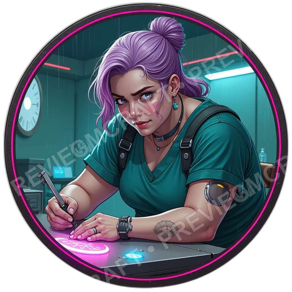 Stitchroom Surgeon, Male, Retractable Dermal Saw, Antiseptic Stained Harness, Consent Ledger Chip, Ripperdocs, ,Adult,1.8,, ,Overweight Build,1.8,, ,L 0001 top-down token preview