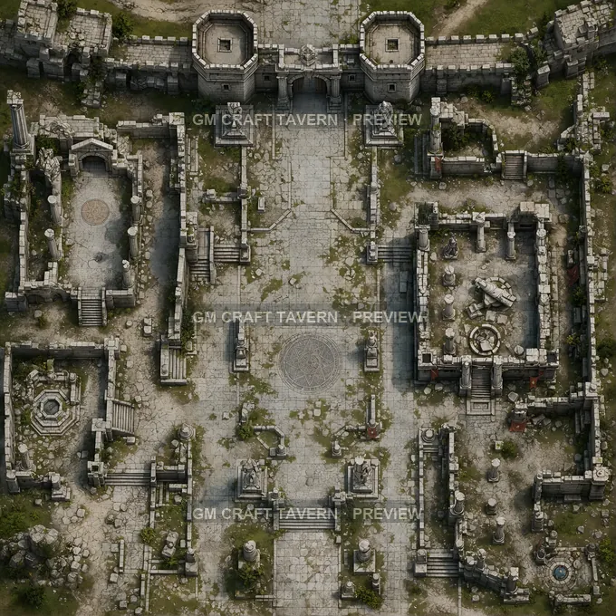 Forum de l’ancienne porte impériale avec tours de garde — aperçu de la battlemap
