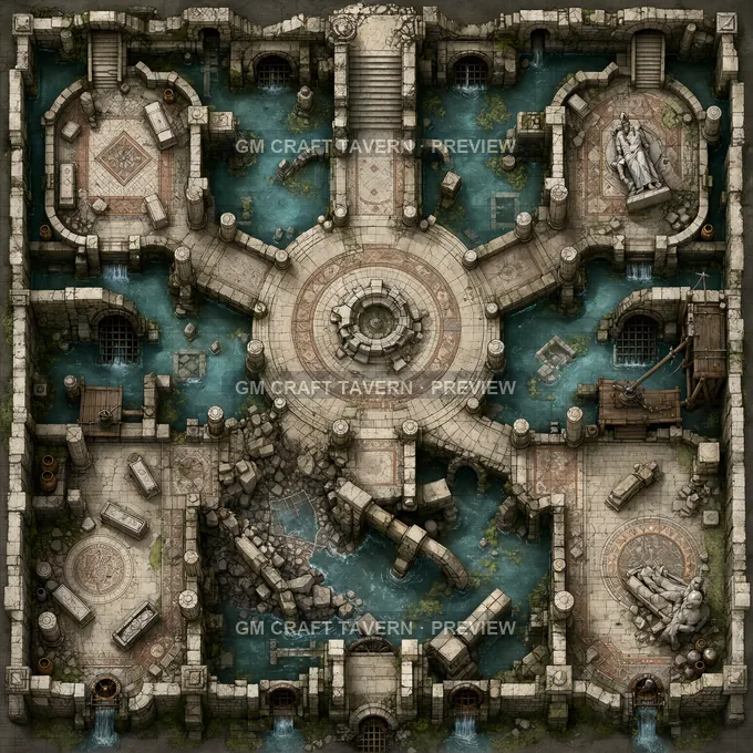 Cour de l’ancienne citerne impériale sous la place publique — aperçu de la battlemap