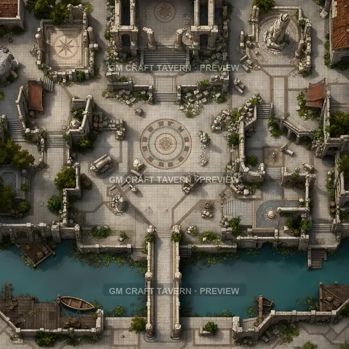 Place impériale au bord du canal avec débarcadère en pierre — aperçu de la battlemap