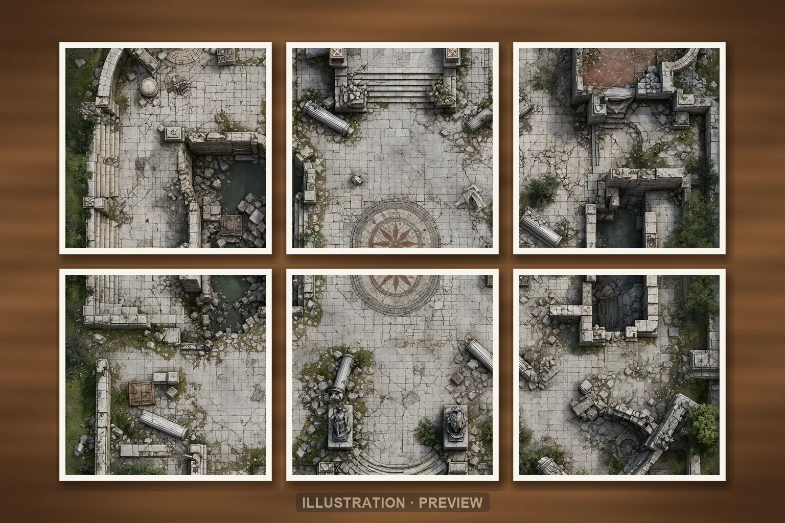 Illustration d’une battlemap disposée sur six feuilles imprimées sur une table