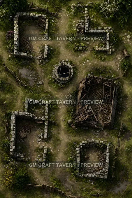 Abandoned Croftyard With Collapsed Barn And Well battlemap preview