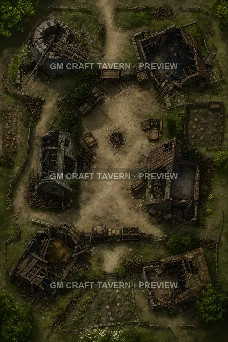 Bandit Held Ruined Farm Cluster With Barricaded Lanes battlemap preview