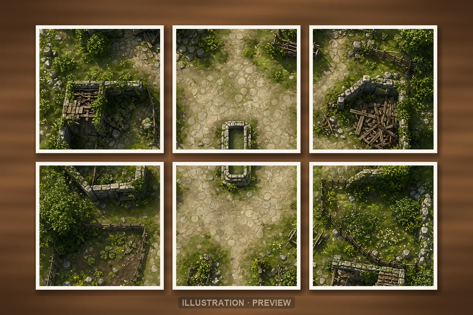 Illustration of a battlemap arranged on six printed sheets on a tabletop