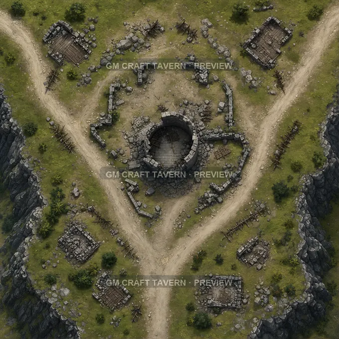 Collapsed Border Watchtower On A Forked Road Ridge battlemap preview