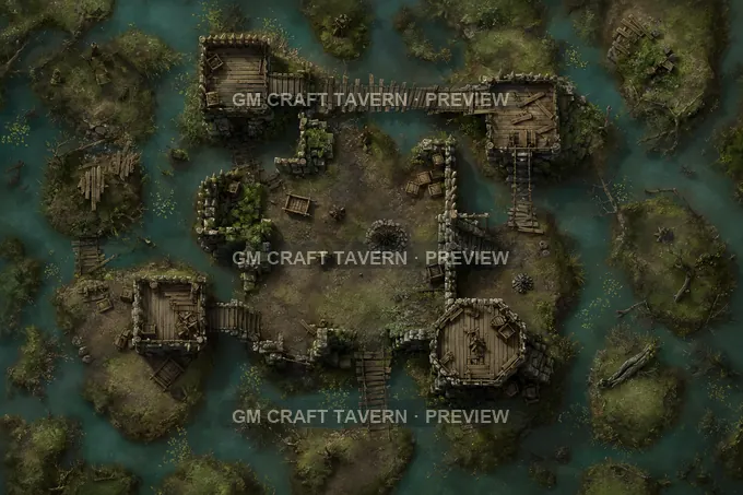 Marsh Watch Post With Sinking Boardwalk Ramparts battlemap preview