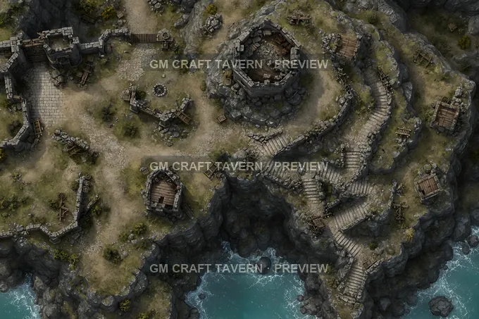 Cliff Edge Warning Tower With Fallen Stair Switchbacks battlemap preview