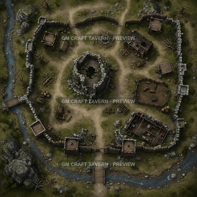 Bandit Occupied Watch Ruin With Stockade Repairs battlemap preview