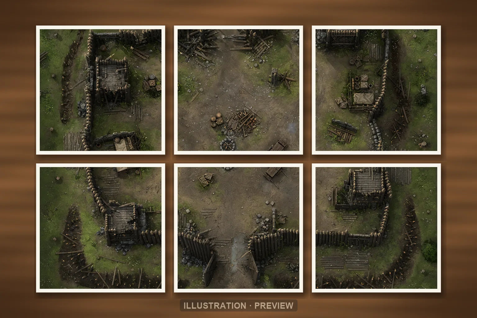 Illustration of a battlemap arranged on six printed sheets on a tabletop