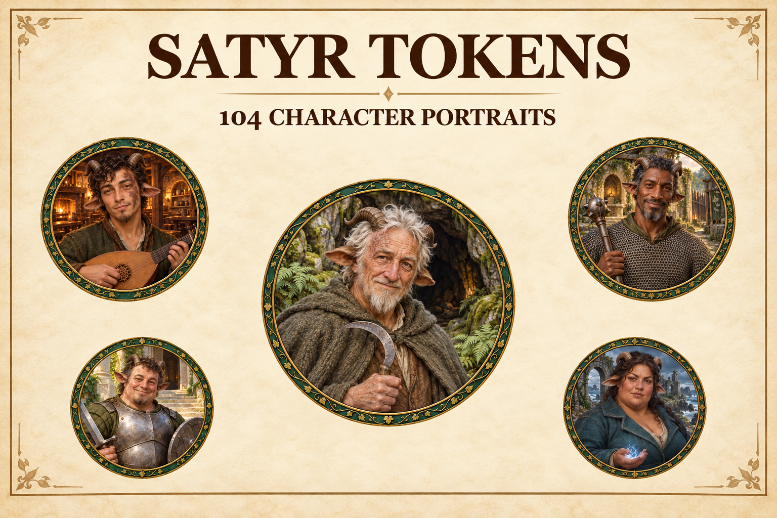 104 Satyr Character Tokens — Portraits de fantasy