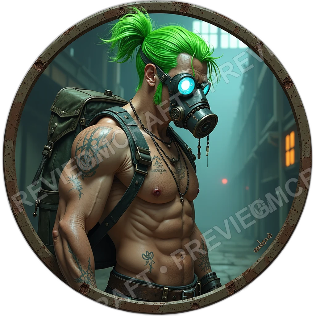 Mirror Lens Scavenger, Soldered Tool Backpack, Prosthetic Wrench Hand, Patched Gas Mask With Trinkets, Scavenged Battery Belt, Scavengers, ,Young Adul 0001 top-down token preview
