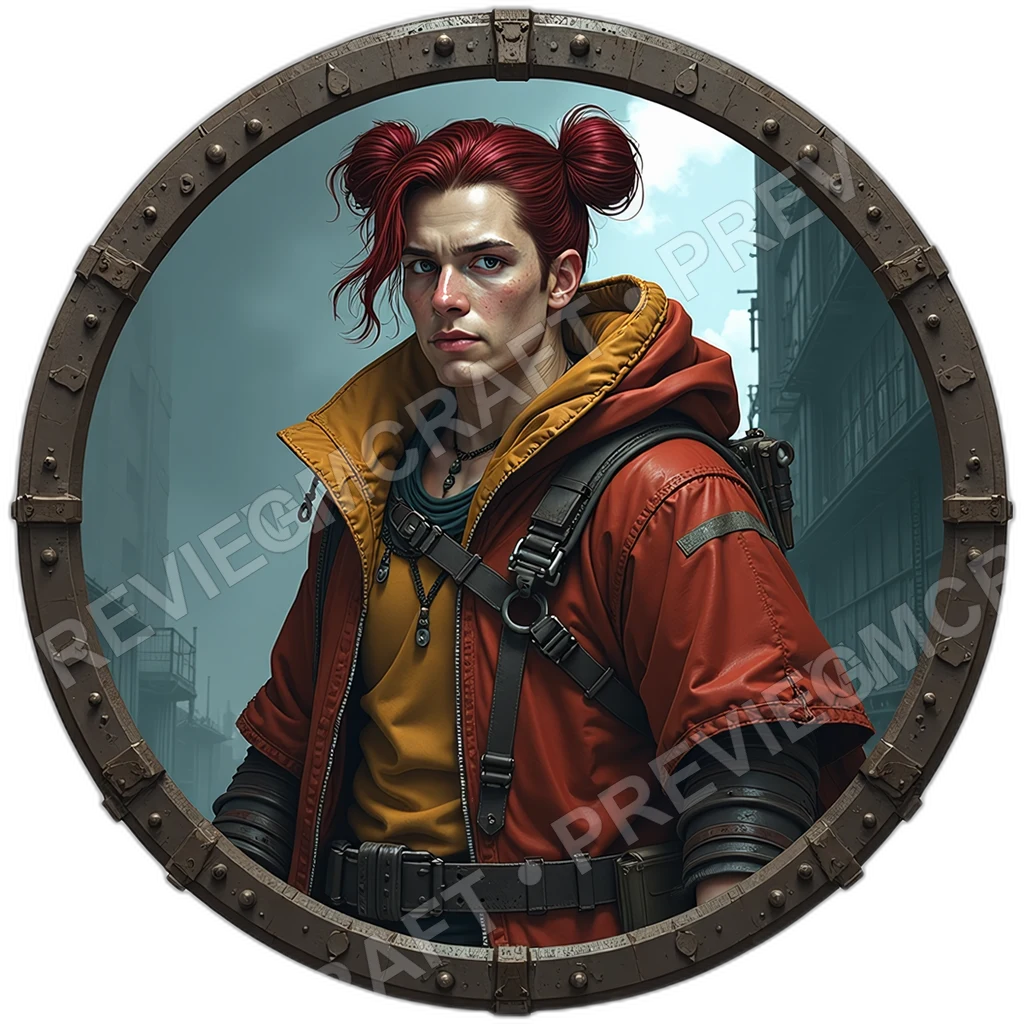 Overpass Harvester, Male, Foldable Salvage Claw, Solar Patched Poncho, Capacitor Bead Harness, Scavengers, ,Adult,1.8,, ,Heavyset Build,1.8,, ,Maroon 0001 top-down token preview
