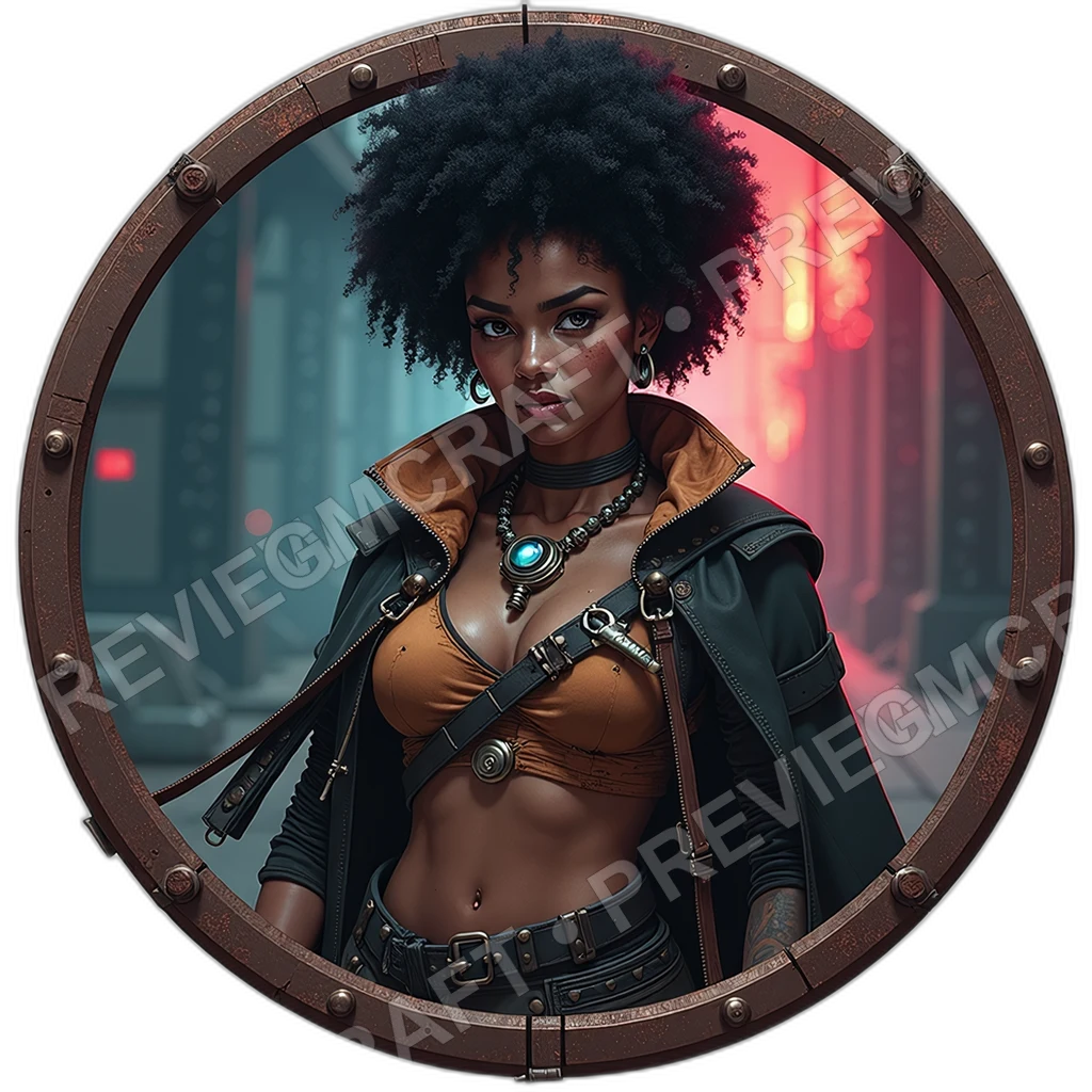 Overpass Scav Matron, Female, Folding Magnet Claw, Solar Patch Cloak, Battery Bead Necklace, Scavengers, ,,1.8,, ,Broad,Shouldered Build,1.8, 0001 top-down token preview