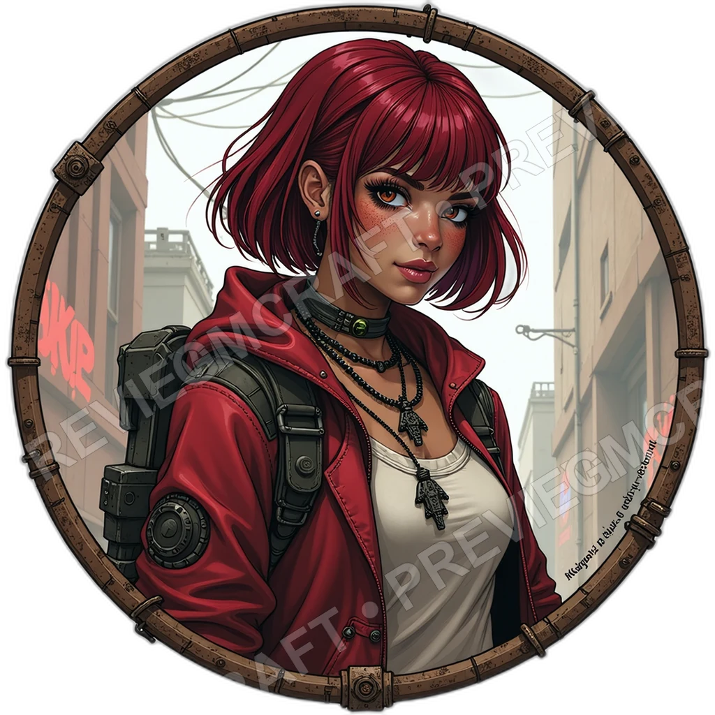 Overpass Tinker, Female, Folding Mag Hook Arm, Solar Patch Cloak, Scav Pack Of Humming Cells, Scrap Bead Necklace, Scavengers, , Age,1.8,, ,Ob 0001 top-down token preview