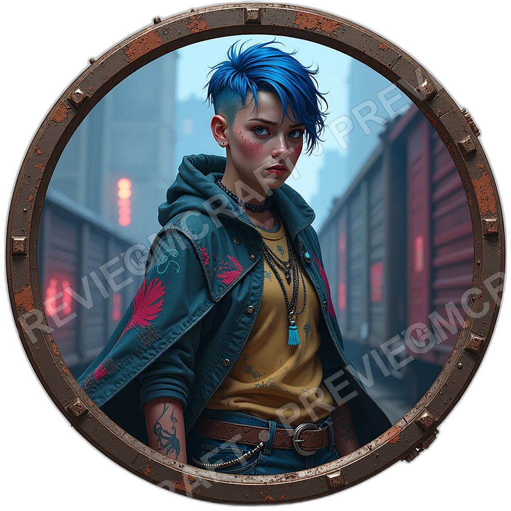Trackside Scavenger, Male, Folding Magnet Claw, Patchwork Solar Cape, Pocketed Scrap Bible, Scavengers, , Age,1.8,, ,Stocky Build,1.8,, ,Cobal 0001 top-down token preview