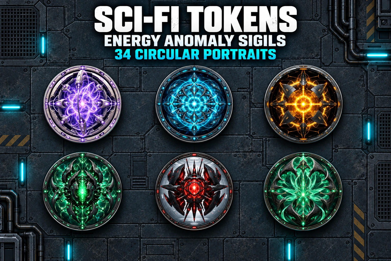 Sceaux d’anomalies énergétiques lumineuses — 34 Tokens circulaires gratuits de science-fiction