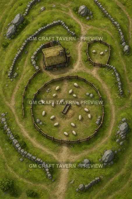 Hill Pasture Fold With Central Sheep Pen And Herders Hut battlemap preview