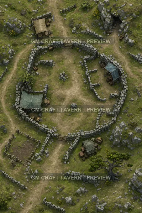 Abandoned Hill Fold Reused By Smugglers With Tarp Shelters battlemap preview