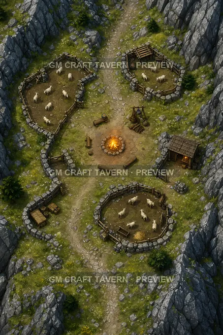 Mountain Pass Shepherd Camp With Night Fire Ring And Goat Pens battlemap preview