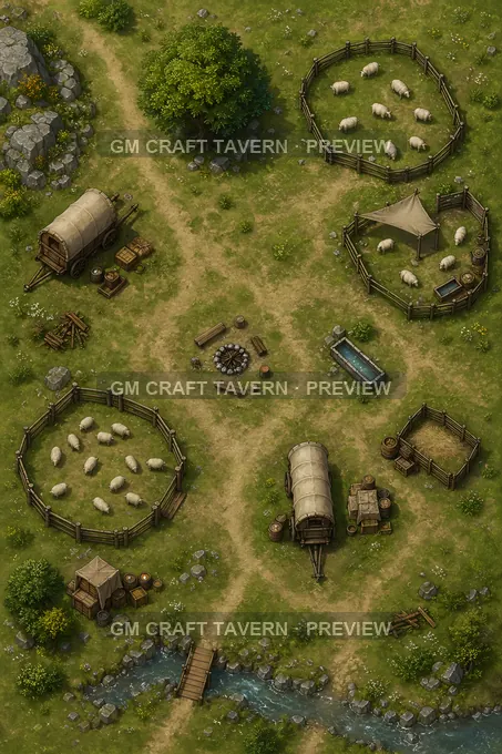 Transhumance Staging Meadow With Wagons And Temporary Corrals battlemap preview
